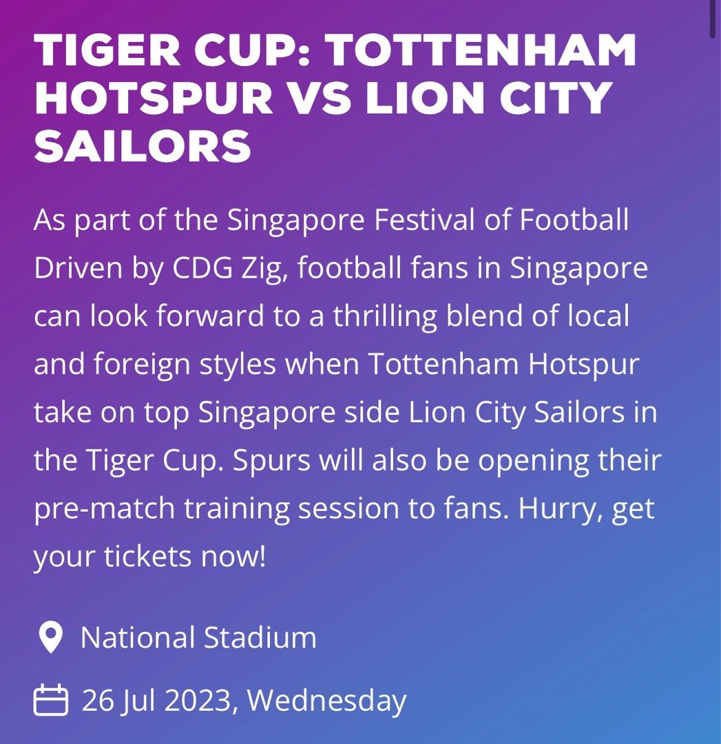 Tottenham Spurs vs Lion City Sailors Ticket, Tickets & Vouchers, Event