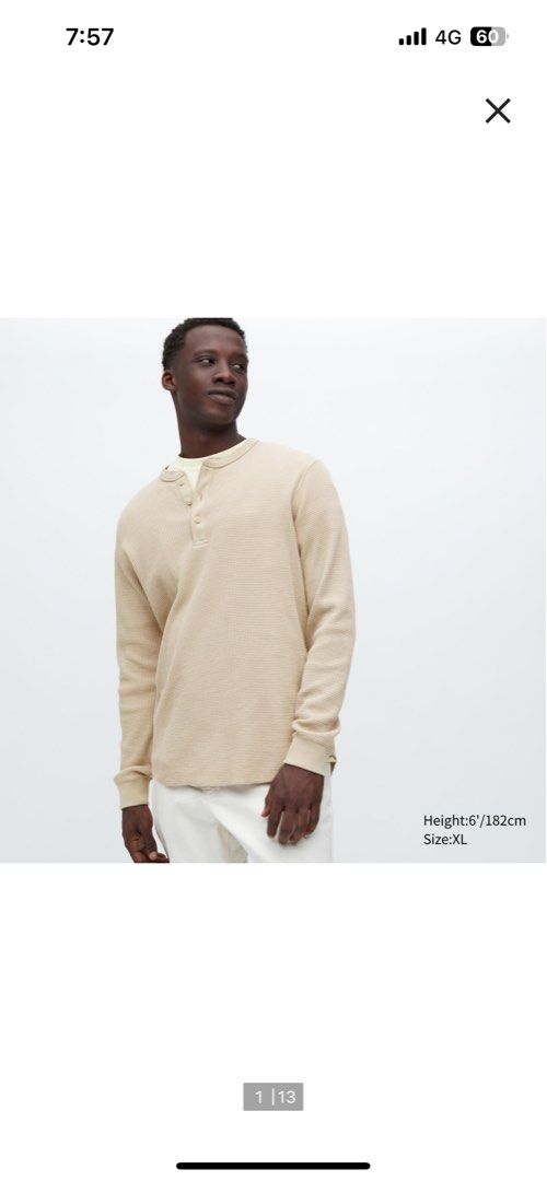Uniqlo waffle shirt long sleeve cream, Men's Fashion, Tops & Sets