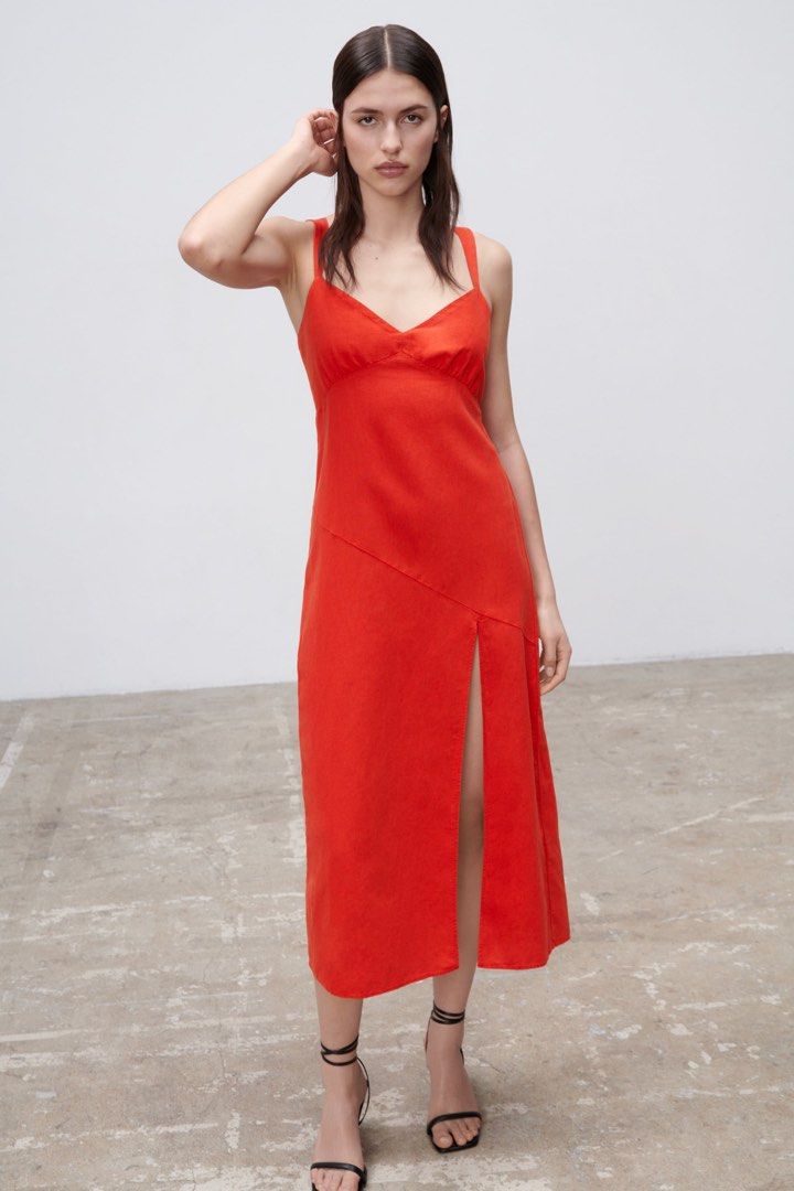 BNWT ZARA RED LINEN DRESS WITH SLIT size S Women s Fashion