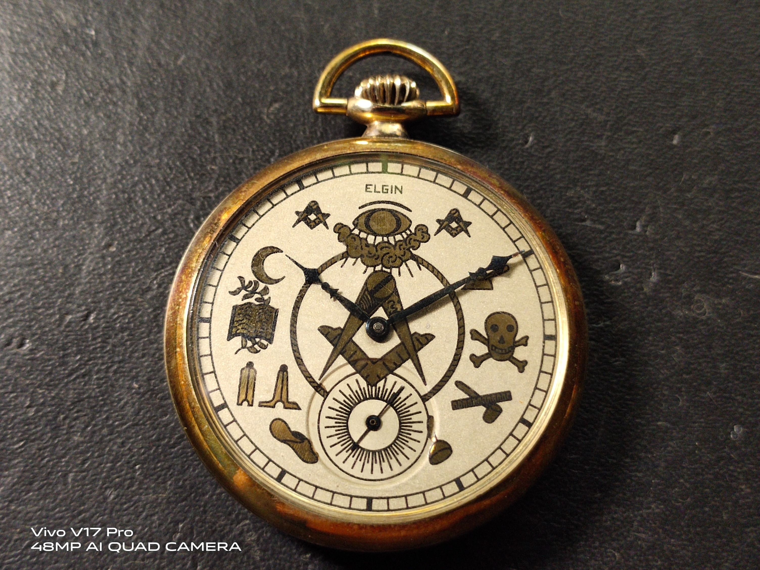 100 Years Old 1923 Elgin Masonic Dial Gold Filled Case Mechanical Hand Winding Pocket Watch