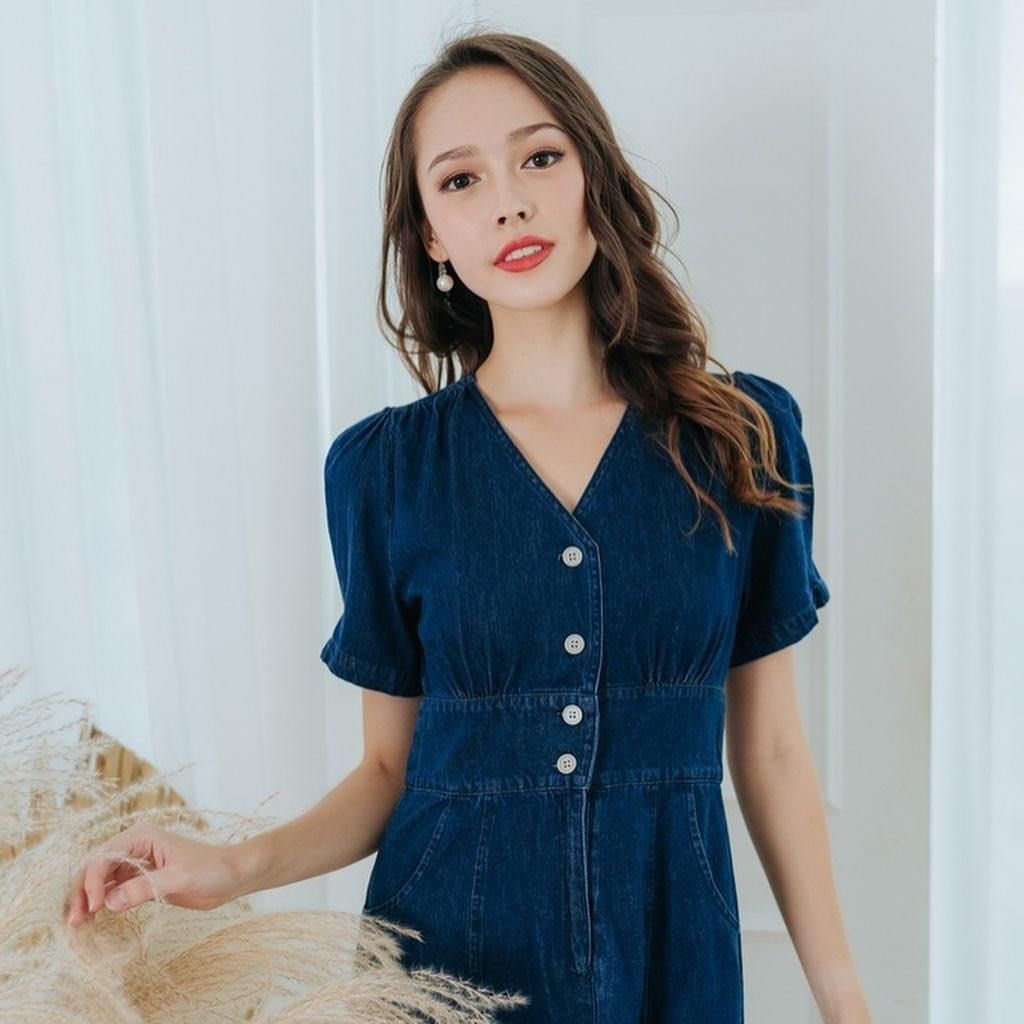 Ally Puffed Sleeves Denim Midi Dress Women s Fashion Dresses