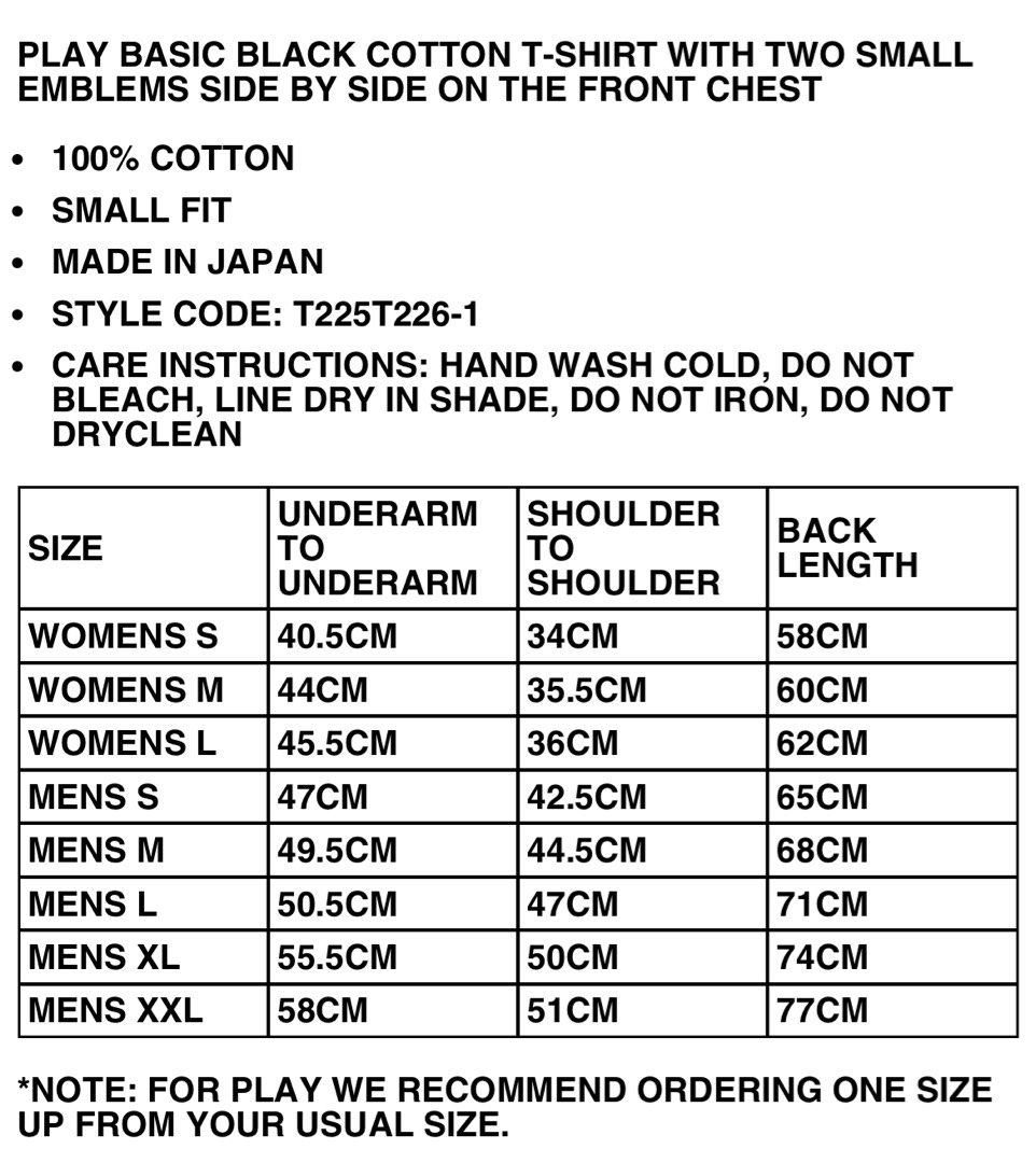 Cdg play online tee sizing
