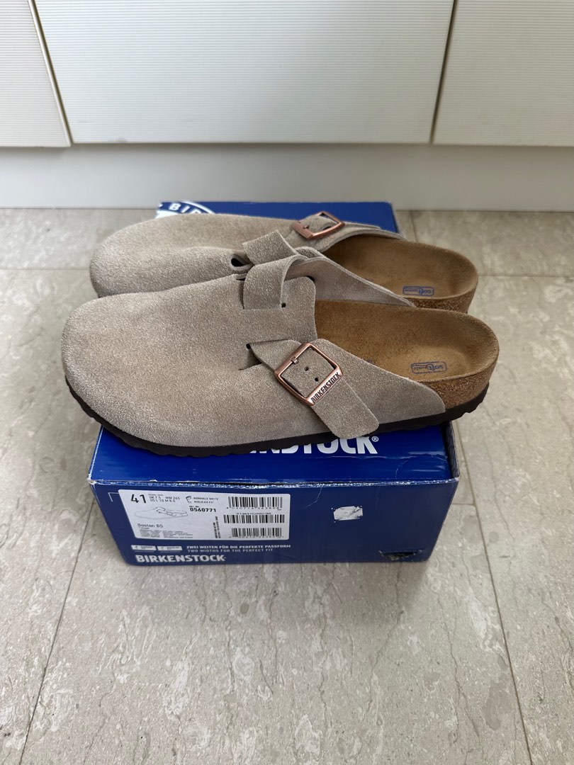 Birkenstock Boston Taupe Suede, Men's Fashion, Footwear, Flipflops and Slides on Carousell