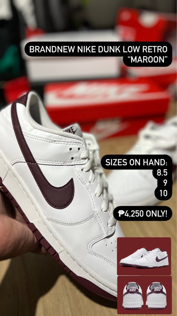 Brandnew Nike Dunk Retro “Maroon” (Category: Sneakers) located in Antipolo. Submitted by marshmarlo (Listing ID 1245243744, Image 1). Description: Brandnew Nike Dunk Retro “Maroon” On hand sizes: 8.5 9 10 Lalamove/ meet-ups: Lower antipolo area, Marikina area, Qc area.
