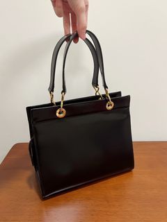 CELINE 正品 優雅素面漆皮手提包 logo 摩登 復古 肩背 黑色 金色 皮革 Vintage 方包 古董包 日本