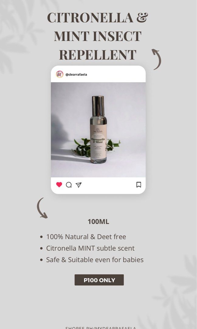Citronella and Mint Insect Repellent (Category: Insect Repellents) located in Quezon City. Submitted by eggiefund (Listing ID 1245251671, Image 2). Description: Introducing @mydearrafaela ‘s Citronella & Mint Pure Organic Insect Repellent 🪷 . #lookingforph #citronella #citronellaph #mint #mintph #insectrepellent #insectrepellentph #organic #organicph #natural #naturalph #shopee #shopeeph.