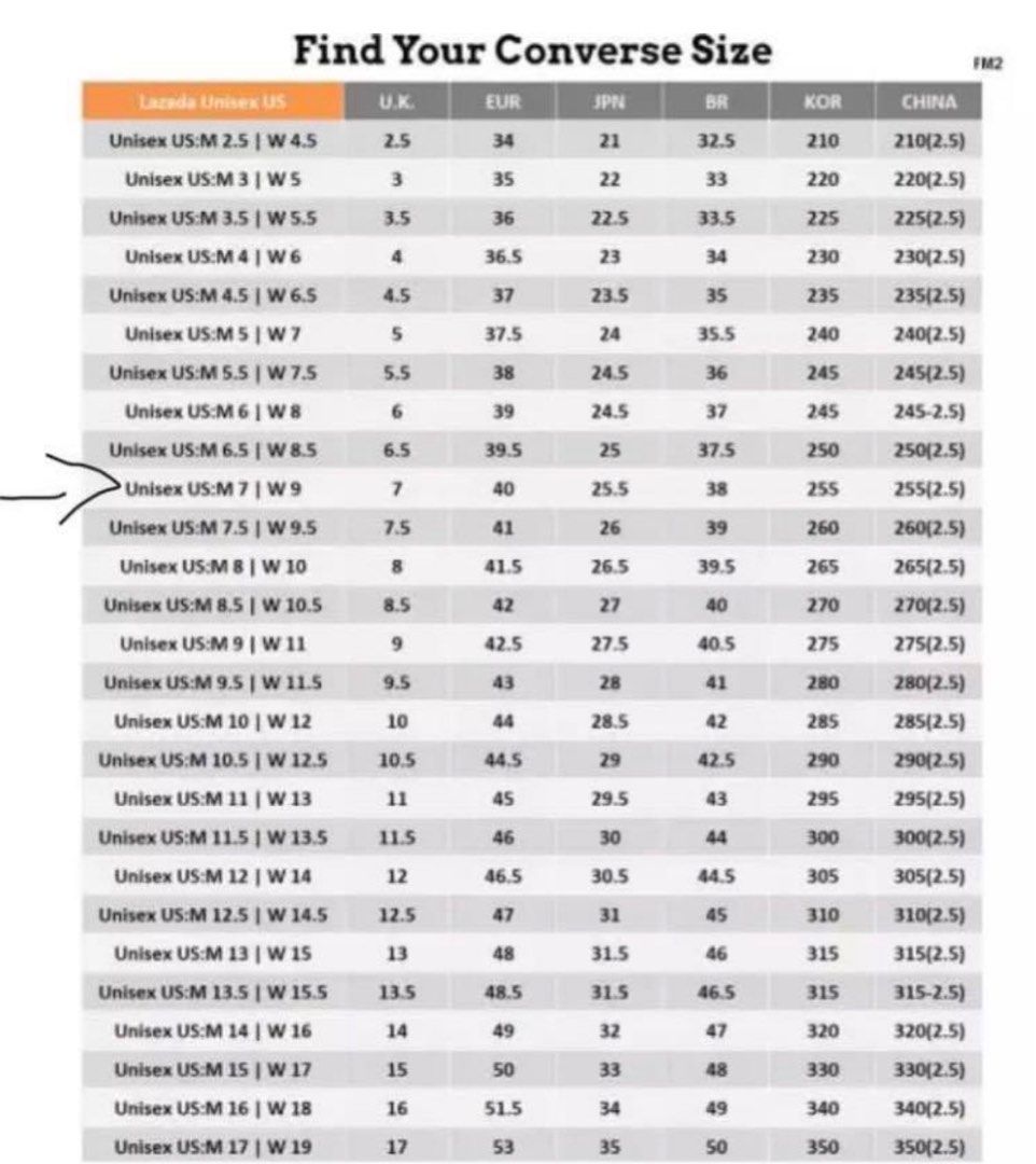 Size chart converse one star 2025