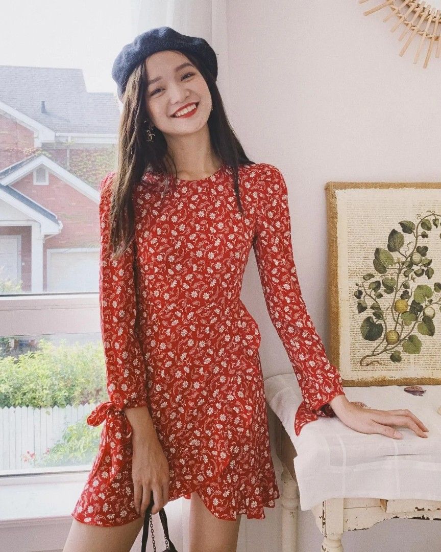 Floral red long sleeve dress Women s Fashion Dresses Sets