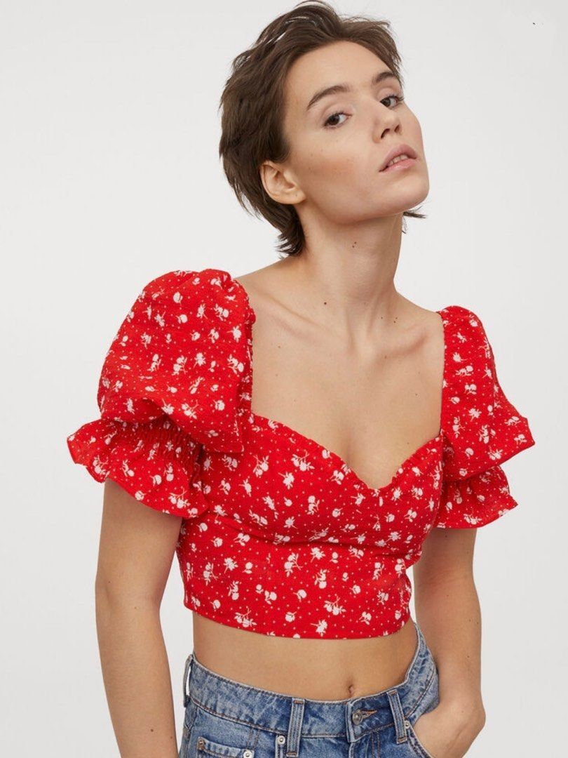 H&m red best sale floral top