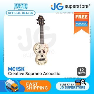Mahalo Hawaii Creative Series Skull Design Acoustic Soprano Ukulele 4 String Guitar (White) | MC1SK | JG Superstore