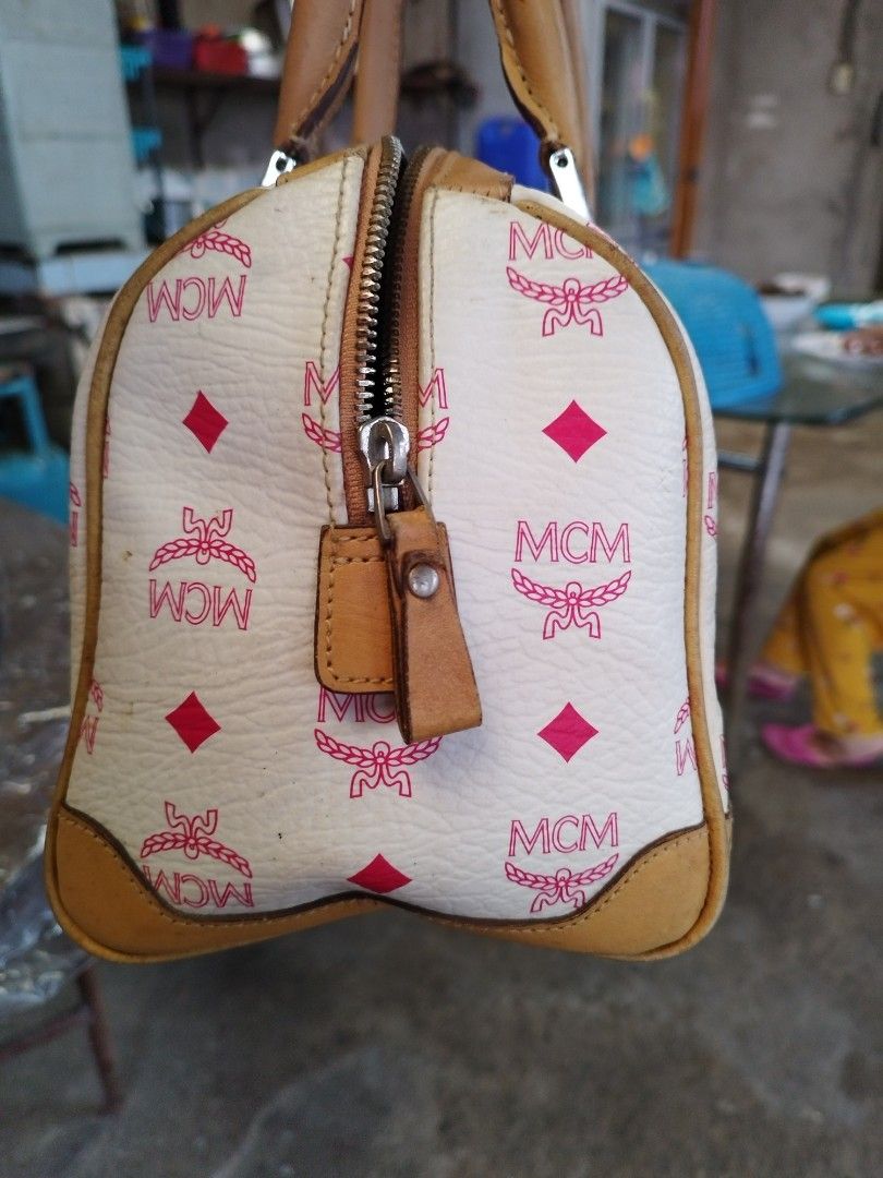 MCM White Leather Small Boston Bag MCM