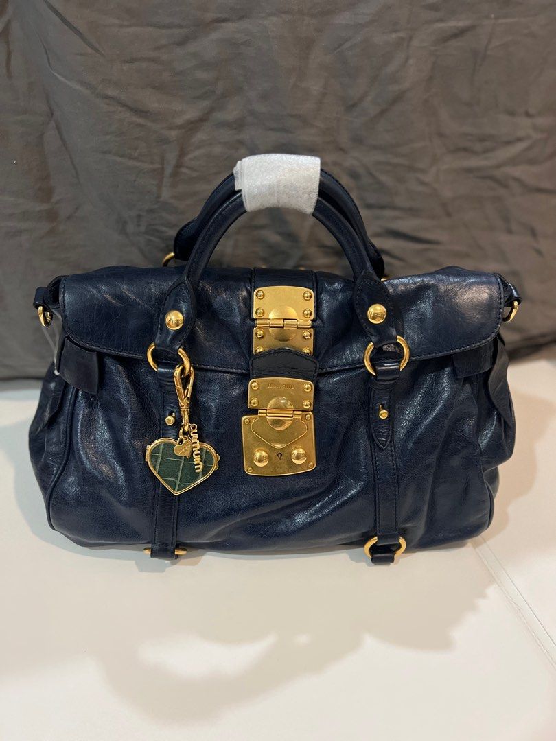Miu Miu Navy Blue Vitello Lux Leather Bow Satchel, Luxury, Bags 