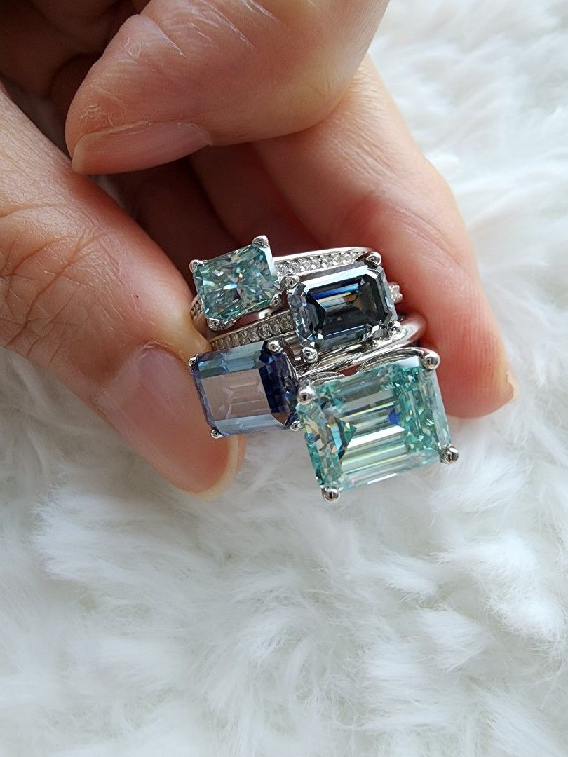 Moissanite Ring emerald radiant grey mint blue carat 18k East West