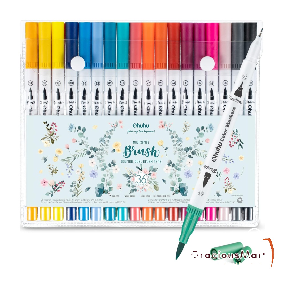 Ohuhu Watercolor Brush Markers, 36 Colors Dual Tips Coloring Brush
