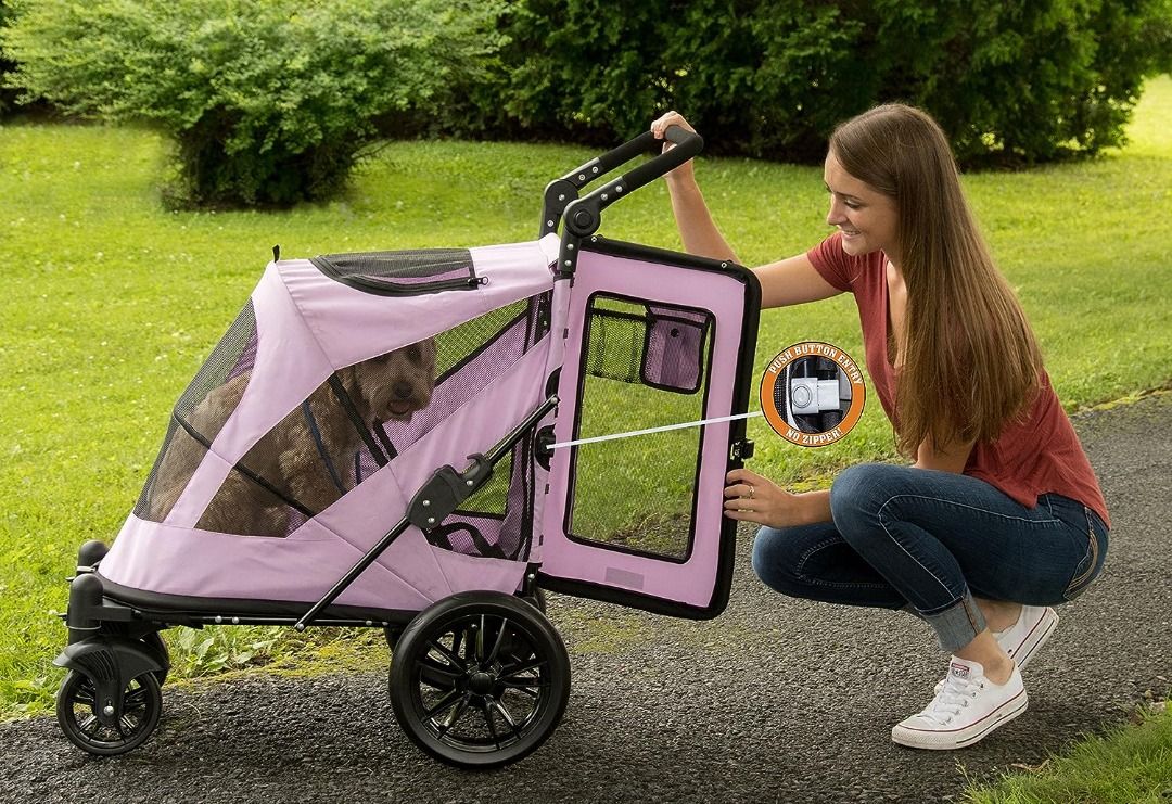 Pet Gear NOZIP Stroller, Push Button Zipperless Dual Entry, for Single