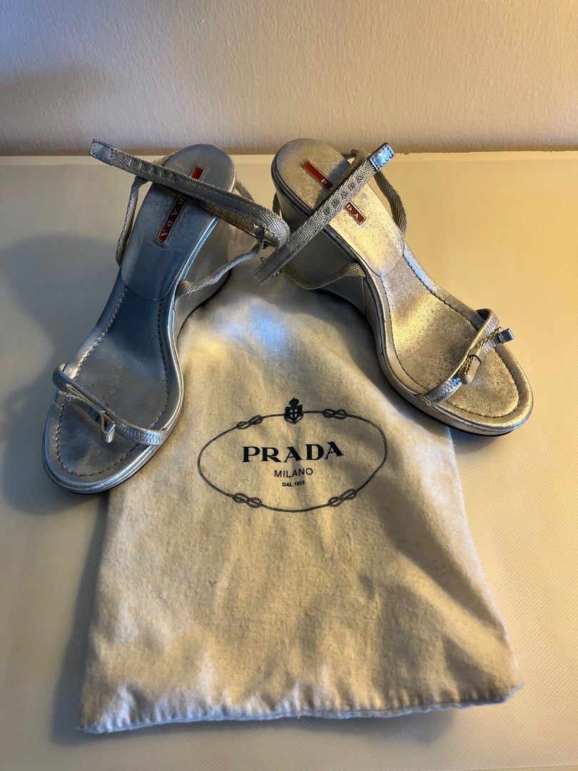 Prada Silver Wedge Sandals Size 37 Luxury Sneakers Footwear on