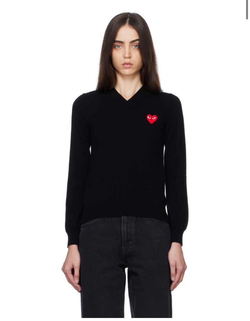 RARE Authentic CDG Play Red Heart Emblem V Neck Wool Sweater Comme