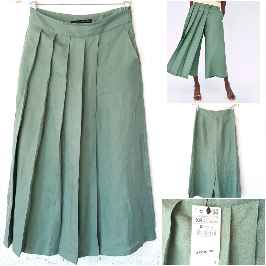 Zara green pleated culottes cheap