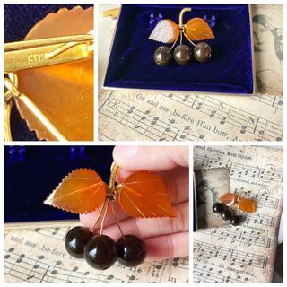 50s Vintage Cherry Amber Brooch Pin