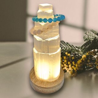 Crystal Charger | Stone from the Moon | Gift Idea | Selenite Lamp Base | Night Light | Crystal Cleansing | Crystal Decor | Includes (3-Color Wooden Lamp Base)64192323099394110