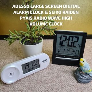 ADESSO LARGE SCREEN DIGITAL ALARM CLOCK & SEIKO RAIDEN PYXIS RADIO WAVE HIGH VOLUME CLOCK