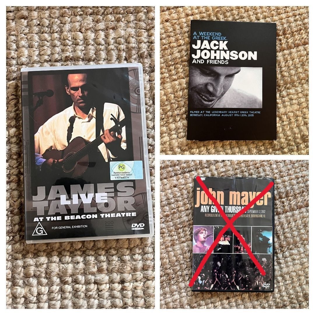 Assorted Concert DVDs (John Mayer, James Taylor, Jack Johnson), Hobbies