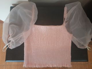 Authentic Forever 21 Pink Barbie Coquette Fairycore Sheer Mesh Puff Sleeves Ruched Smocked Crop Top