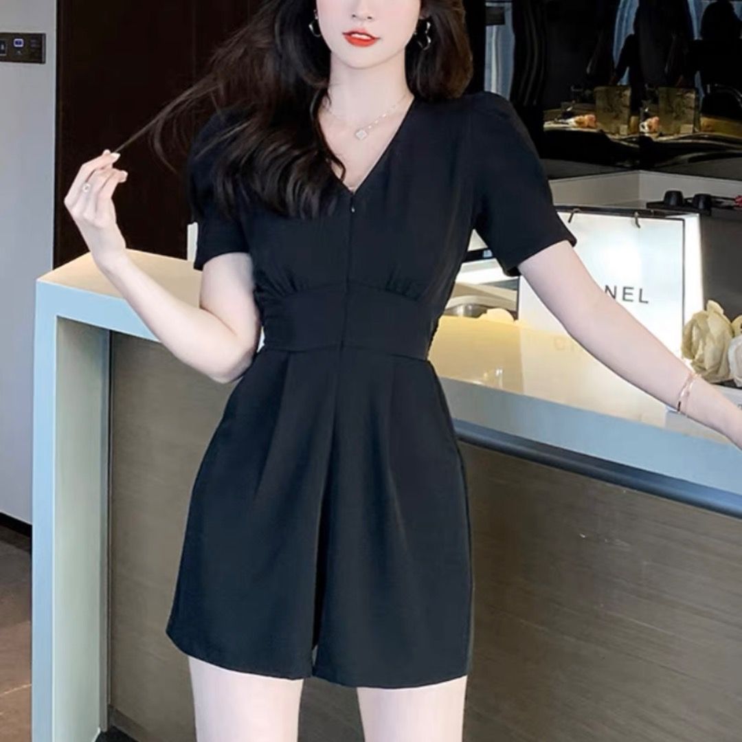 black front zip romper shorts jumpsuit formal casual