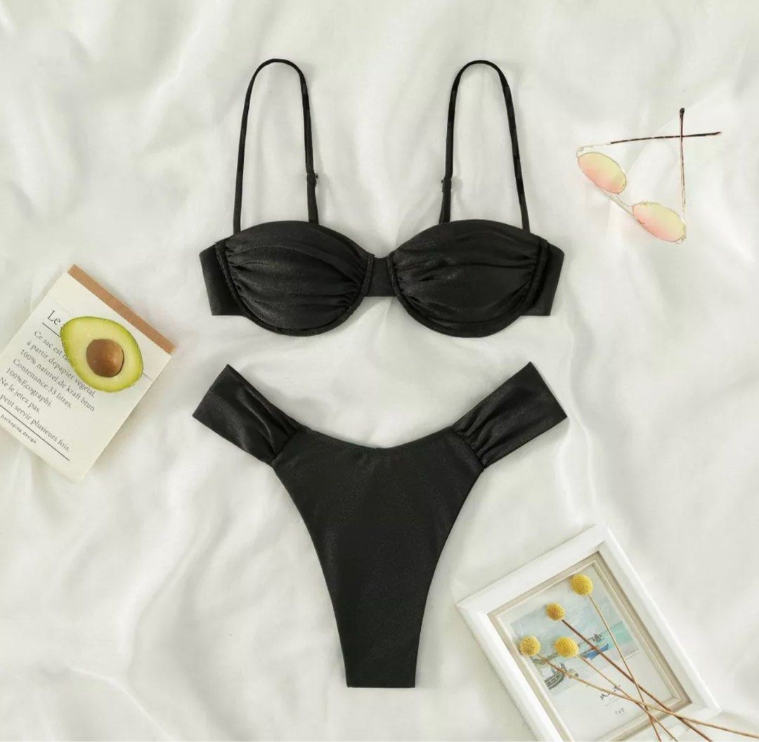 BLACK PLEATED HIGHWAIST TWO PIECE BIKINI (Category: Bikinis & Swimsuits) located in Quezon City. Submitted by himym29 (Listing ID 1245576394, Image 2). Description: • top only M size - 350 (negotiable) • bottoms L size - 120 Selling separately due to difference in size of upper and lower body.
