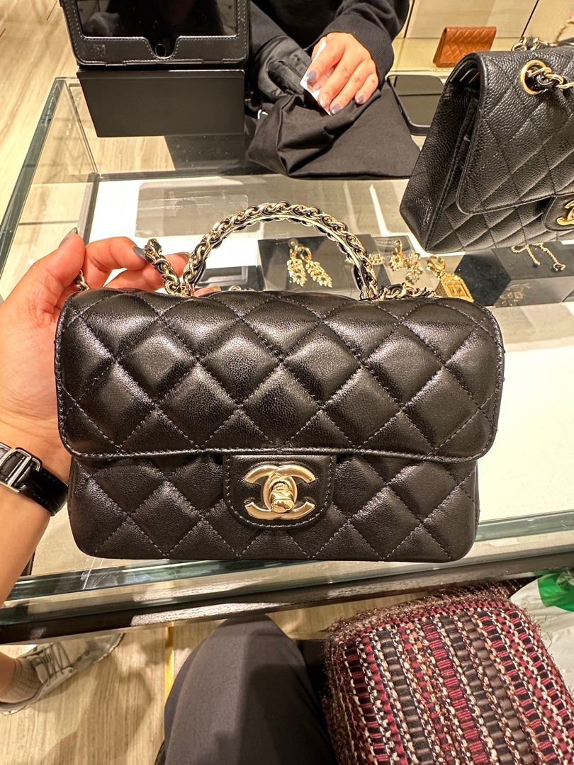 全新Chanel 水鑽手挽金色CC Logo 18cm黑色垂蓋手袋AP4140, 名牌
