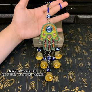 Colorful hamsa hand evil eye with 5 bell wind-chime