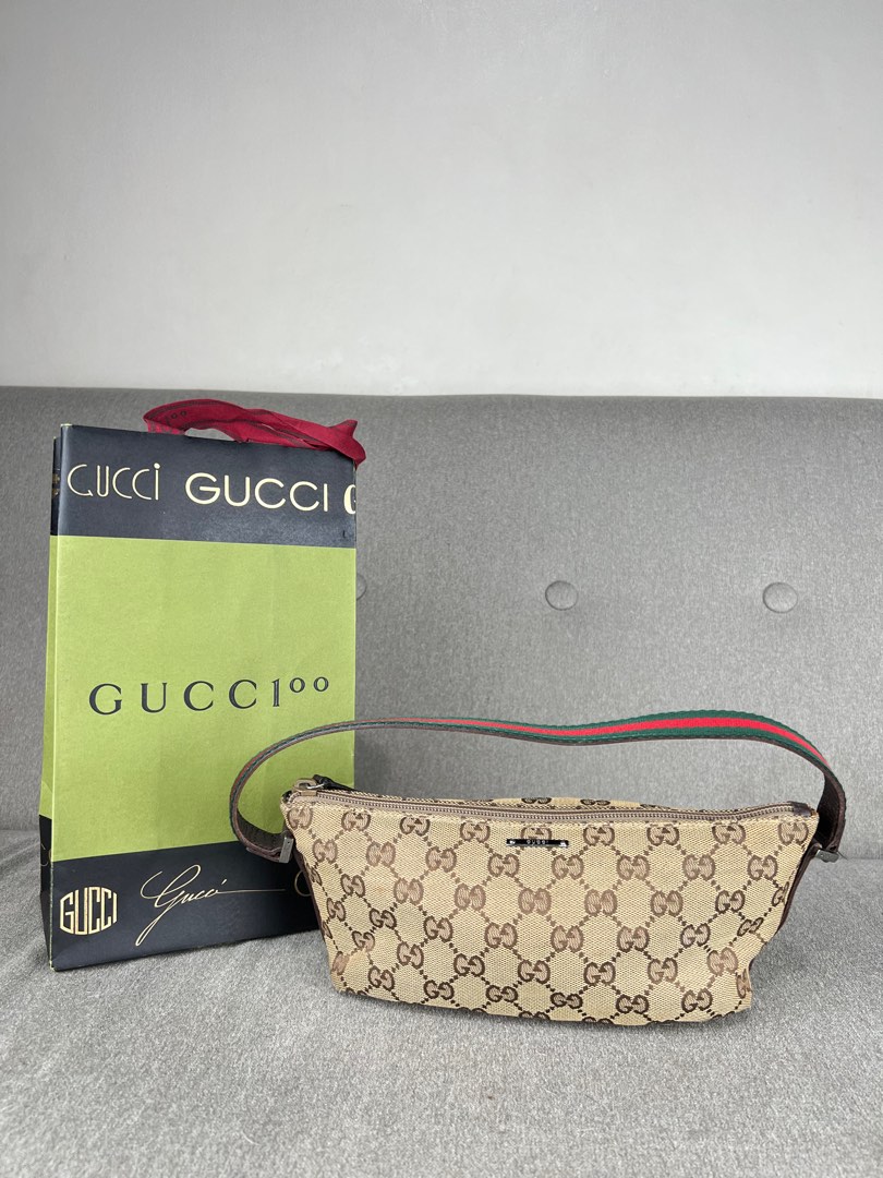 Authentic GUCCI Boat Bag Sherry GG Canvas Leather Hand Bag Brown 141809  Used F/S
