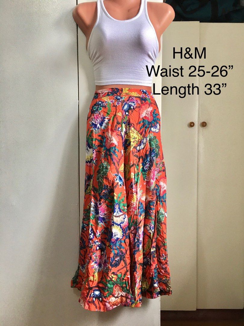H M orange floral maxi skirt waist 25 26 Women s Fashion