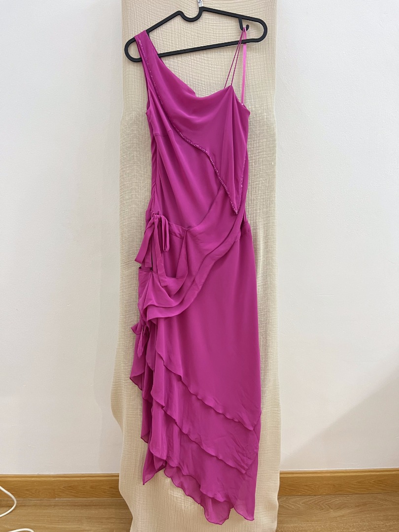 Hong Kong Fashion Designer Midi Fuchsia Pink Dress with Beaded Neck