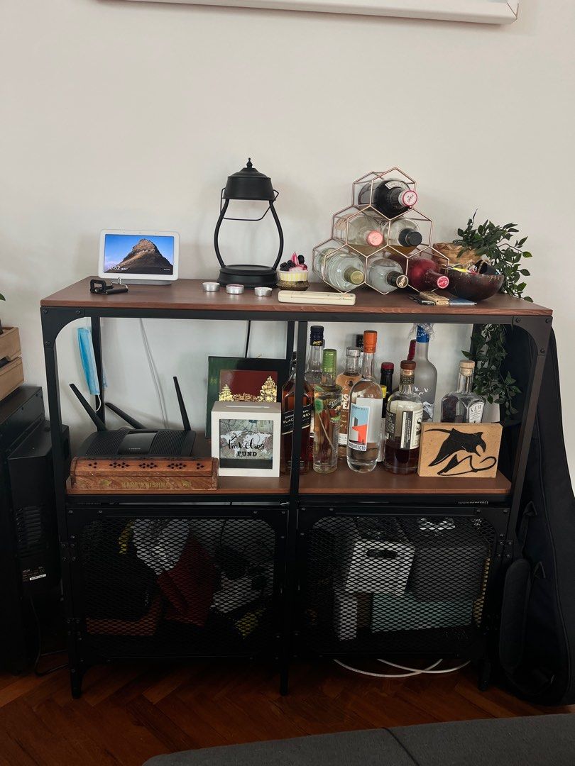 IKEA Shelving Unit black metal and wood, Furniture & Home Living