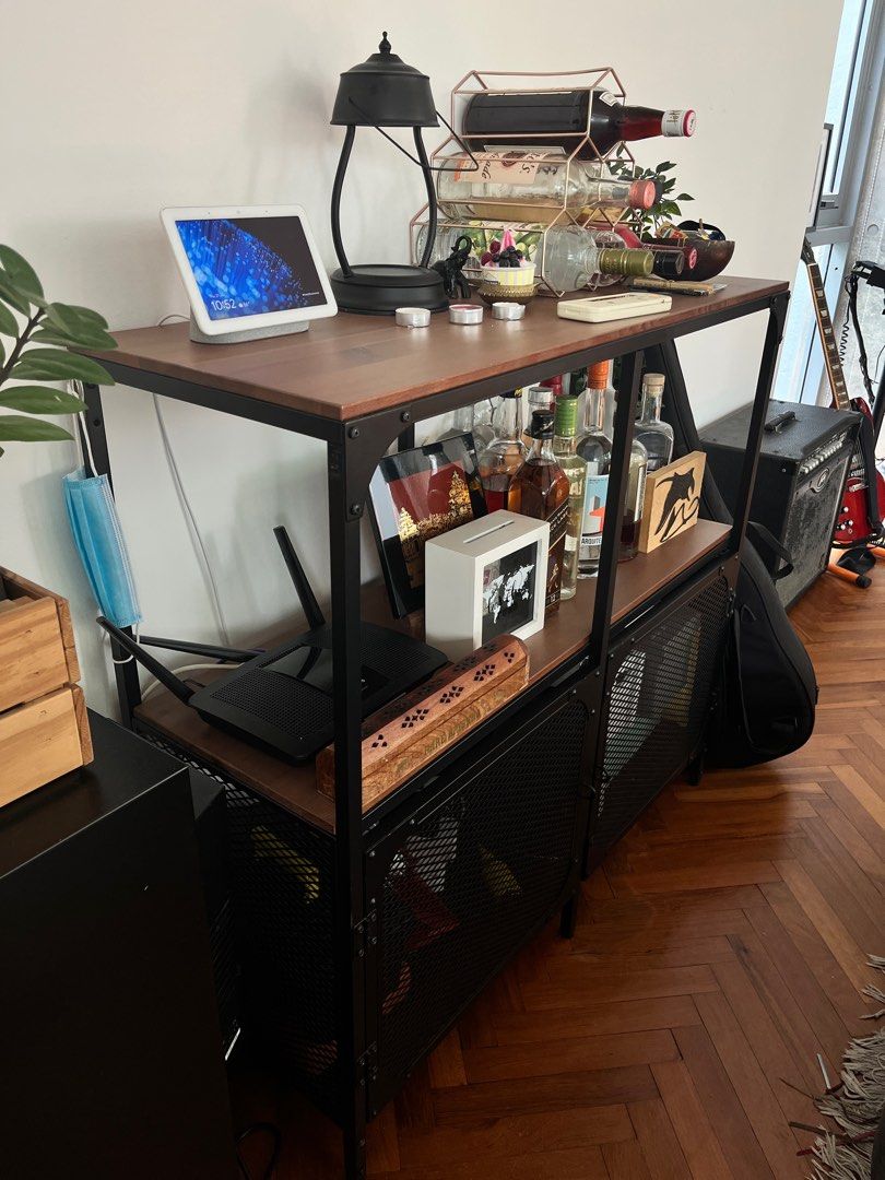 IKEA Shelving Unit black metal and wood, Furniture & Home Living