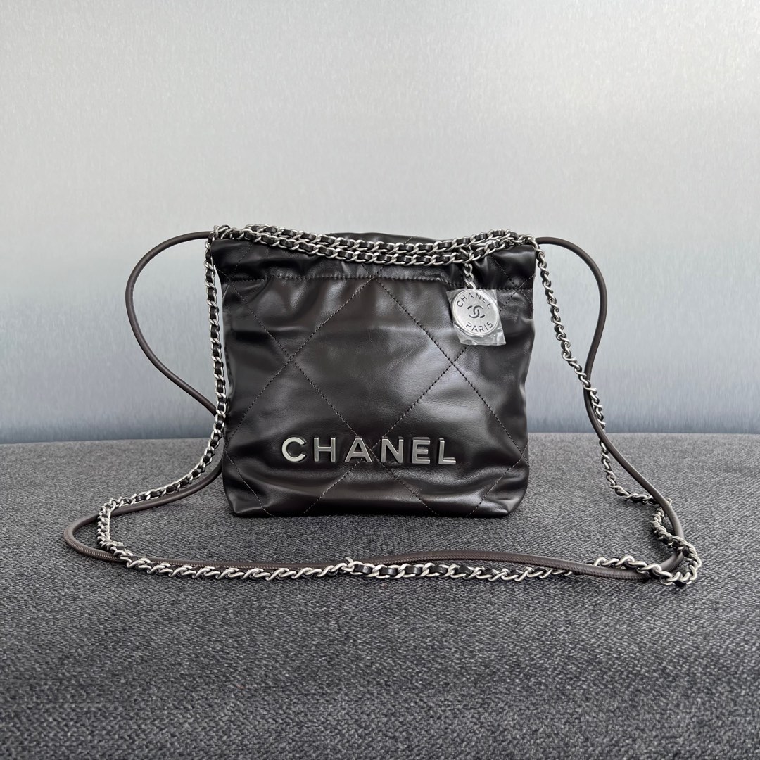 New Chanel 22 Bag Mini Calfskin Dark Ebene/ Phw, Luxury, Bags
