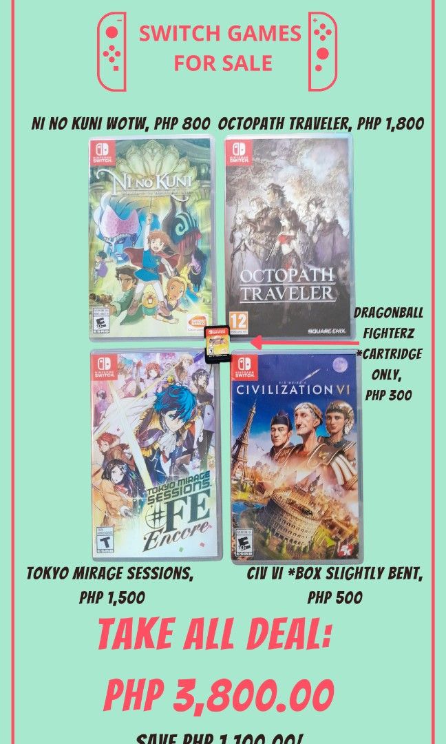 Nintendo Switch Games Package Deal (Category: Nintendo) located in Caloocan City. Submitted by rescommunis (Listing ID 1245592694, Image 1). Description: Take All Deal: Ni No Kuni: Wrath of the White Witch Octopath Traveler Dragonball FighterZ (cartridge only) Tokyo Mirage Sessions #FE Encore Civilization VI.