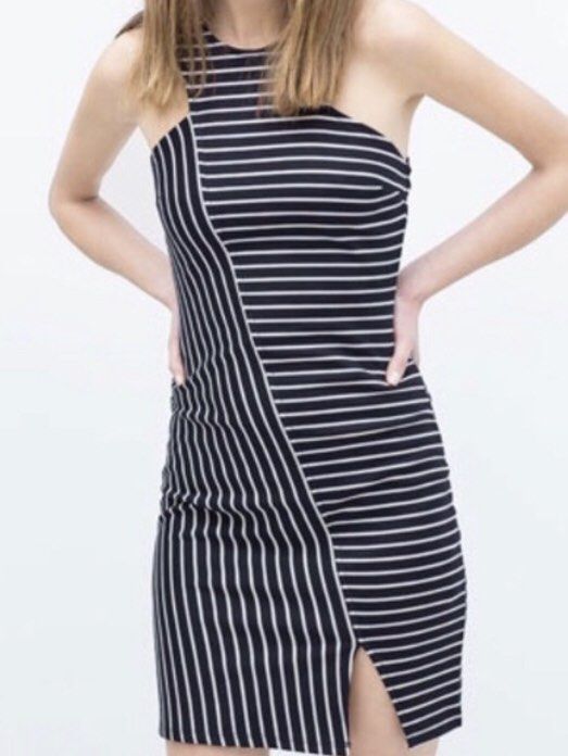 NWOT : Zara Trafaluc - Asymmetrical striped halter bodycon dress (Size L,  Blue with white stripes), Women's Fashion, Dresses & Sets, Dresses on  Carousell