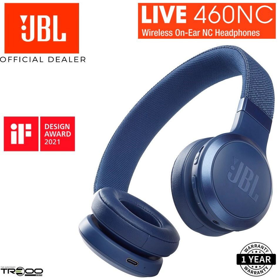 JBL LIVE 460NC - Headphones with mic - on-ear - Bluetooth - wireless, wired  - active noise canceling - 3.5 mm jack - blue