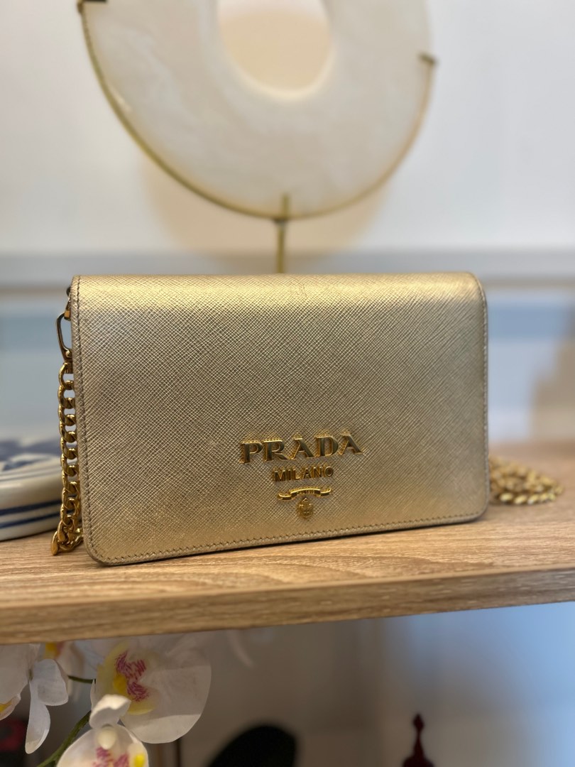 Prada Saffiano Leather Metal Oro Chain Wallet (SHF-15988) – LuxeDH