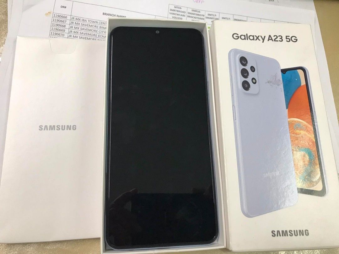 Rush!! Samsung A23 5G complete!! 10K (Category: Samsung) located in Manila. Submitted by ace02_ (Listing ID 1245443223, Image 1). Description: For sale only!! SAMSUNG A23 5G 6g /128gb complete bnew accessories NO ISSUE TEST TO sawa DISPLAY LANG SA SHOP TO NOT PERSONAL USED Pm for sure buyers!!!!.