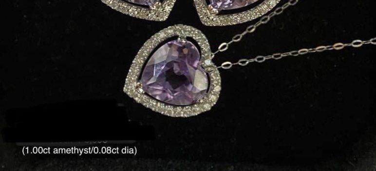 SALE : AMETHYST GEMSTONE NECKLACE (Category: Necklaces) located in Paranaque City. Submitted by iluvcongee (Listing ID 1245440791, Image 1). Description: 1 ct AMETHYST with 0.08 cts NATURAL DIAMOND ROUND BRILLIANT CUT HEART NECKLACE 18K WHITE GOLD WITH CERTIFICATE OF AUTHENTICITY .