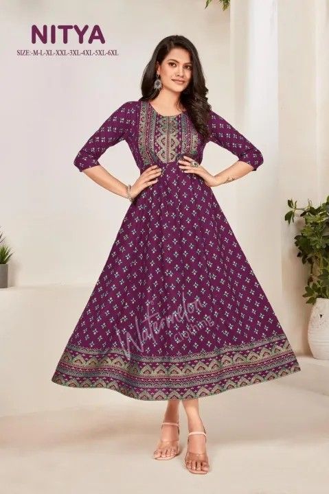 Soft Rayon A Line Kurti with Gold Khadi Print Design and Handwork