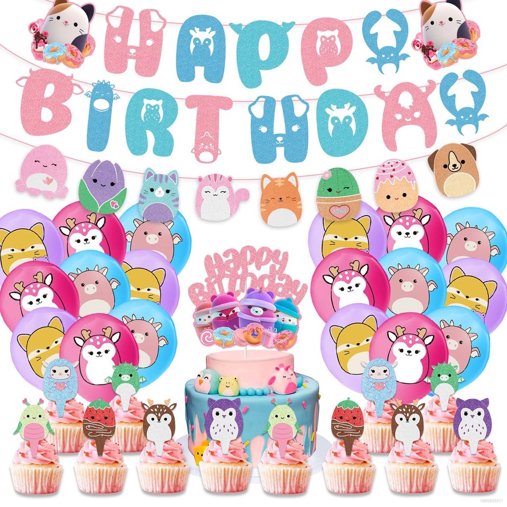 Squishmallows Birthday Theme HBD Banner, Big Cake Topper, Cupcake Toppers,Theme Balloons