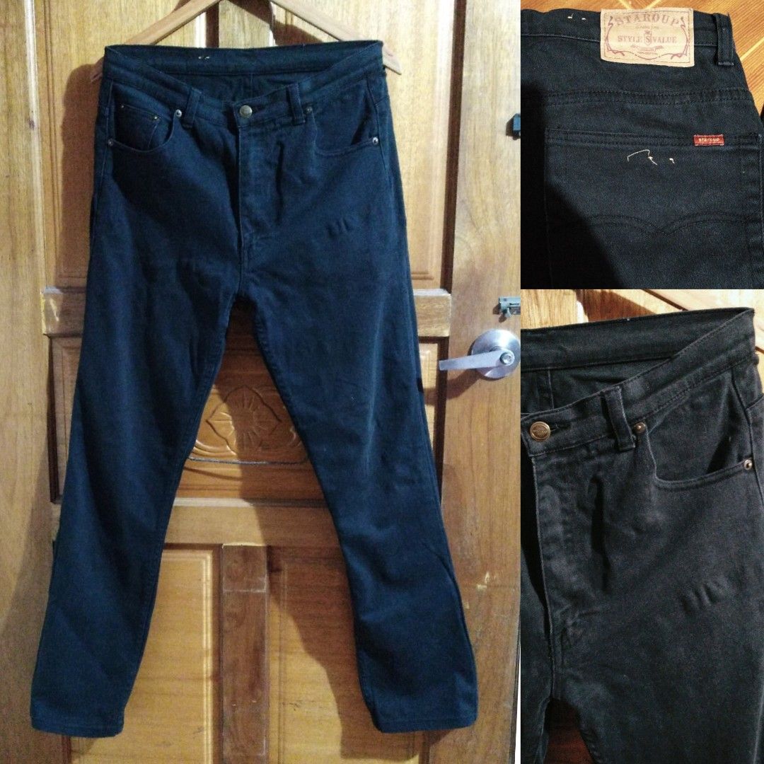 STAROUP Black Pants for Men | Denim Pants (Category: Jeans) located in Rizal. Submitted by sundaes (Listing ID 1245473869, Image 1). Description: Brand: Staroup Color : Black Color Rate: 8/10 Size on Tag : W-34 L- 34 Medida Size ~ Waist: 32" Rise: 11" Leg Opening : 7 1/2" Length: 41" No flaws YYK zip and Buttons Working RFS: Dina kasya sa Husband ko #BlackPants #DenimPantsforMen.