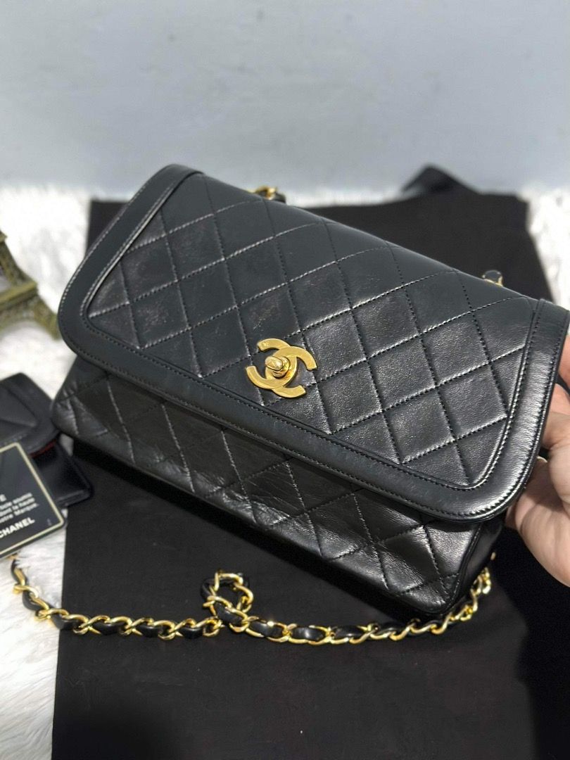 Vintage Chanel Diana Small with wallet (Category: Luxury Bags & Wallets) located in Quezon City. Submitted by hellopatchi (Listing ID 1245444096, Image 1). Description: Chanel Vintage Diana Small with wallet Holo intact with guarantee card and dustbag Wrinkles sa lower part leather ng bag lang pinaka sign of use due to age na din since vintage hindi dry ang lambskin In very good condition pa sya for a vintage piece Hardware 8.8/10 gold hindi lang