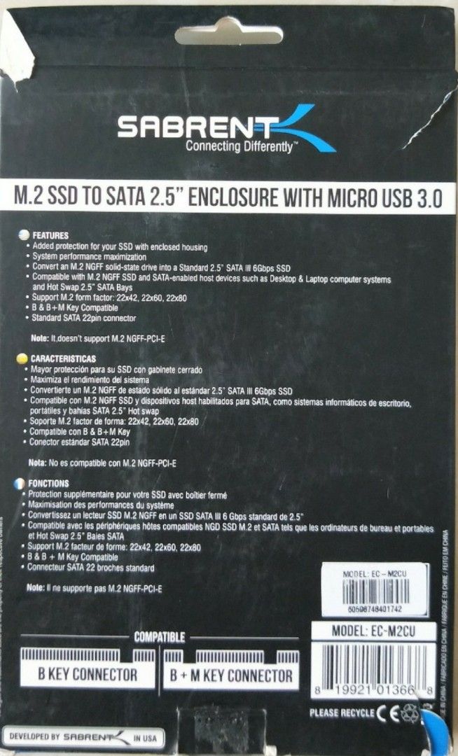 M.2 SSD to 2.5 SATA III Aluminum Enclosure Adapter - Sabrent