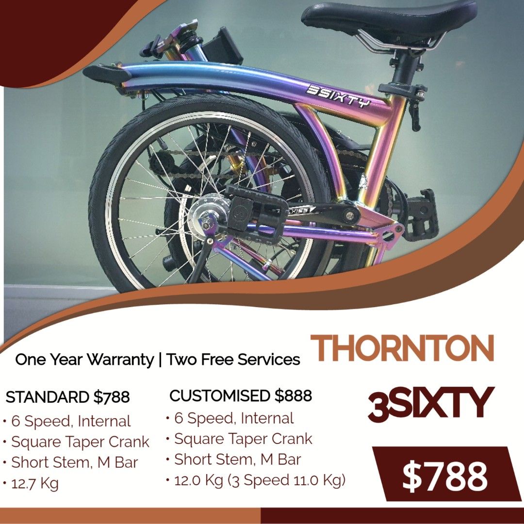 3Sixty. Customised to be light Standard 788 Customised 888 Hollowtech Crankset Longer Stem Y Bar One Year Comprehensive Warranty Two Free