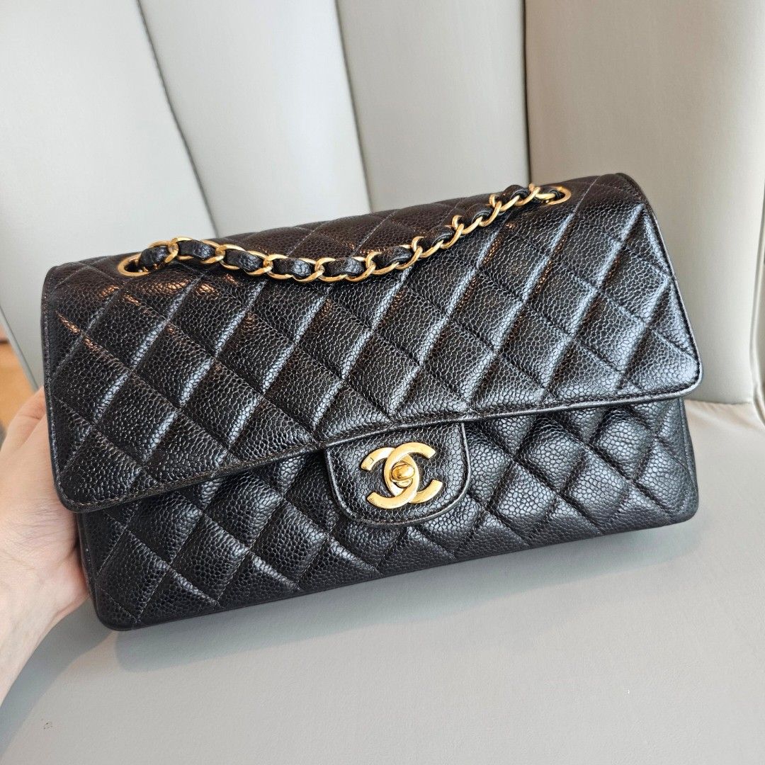 🌟 CAVIAR VINTAGE CHANEL CLASSIC MEDIUM FLAP BAG BLACK CF DOUBLE 24K GHW  GOLD HARDWARE 25CM 25 CM / small mini jumbo lambskin 17cm 17 20cm 20 23cm  23